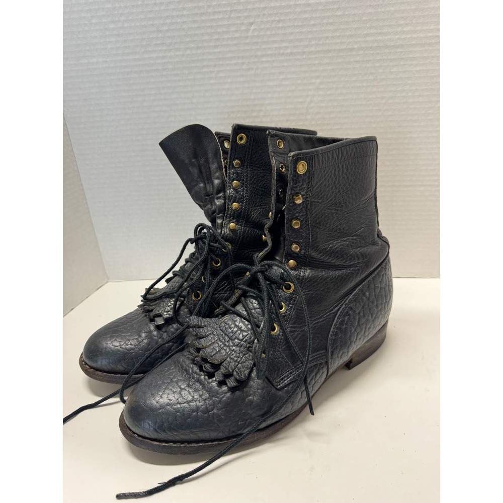 Justin Vintage Black Pebble Comb Leather Lace Up Packer Boots Mens 8.5 E USA